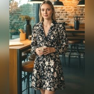 FATE + Vici Let It Bloom Black Floral Satin Long Sleeve Mini Drape Dress SM NWT